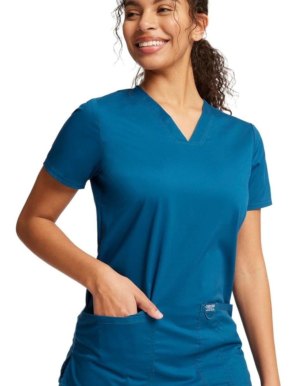 Cloaet Clearance!! Cherokee Teal V-Neck Short Sleeve Scrub Top- Carribean Blue - Picture 2 of 9